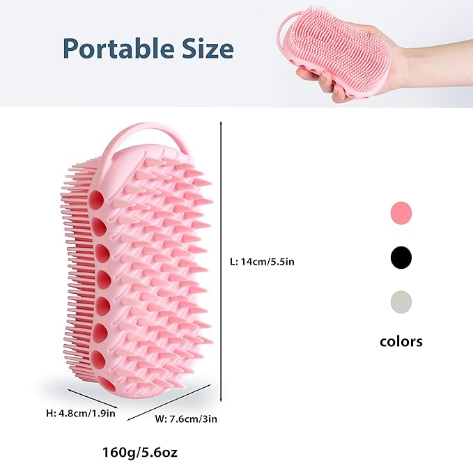 MtBoi Double-Sided Exfoliating Silicone Body Scrubber, 2-in-1 Bath Scrubber, Shampoo Brush, Silicone Loofah for All Skin Types, Shower Body Scrubber, Easy to Clean, Lather Well (Pink)