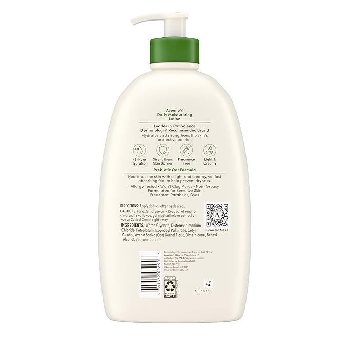 Aveeno Daily Moisturizing Body Lotion, Fragrance-Free Light & Creamy Lotion for Dry, Sensitive Skin With Prebiotic Oat Nourishes & Strengthens Skin's Moisture Barrier, Value Size, 33 fl oz
