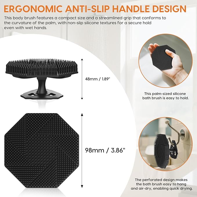 Silicone Body Scrubber, Non-Slip Handheld Cleansing Brush, Rich Foam, Deep Exfoliation, Brightening Skin, Comfortable Massage, for All Skin Types, Men and Women (Black)