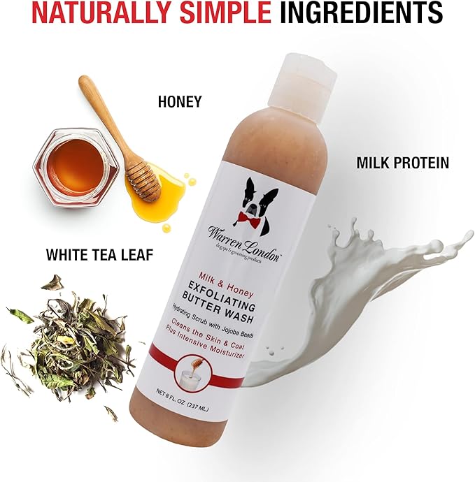 Warren London Exfoliating Butter Wash – Milk & Honey Dog Shampoo, 8 oz | Cleans, Exfoliates & Deep-Conditions in One | Jojoba Beads Remove Dandruff & Itch | Non-Oily Shine | Made in USA