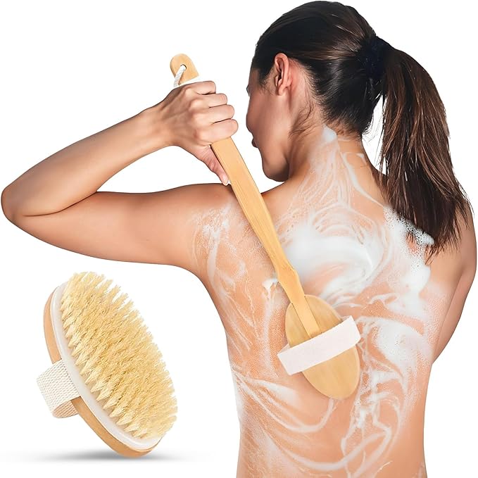 Back Scrubber for Shower - 20" Long Handle Shower Brush - Natural Bristle Back Brush - Ergonomic Handle + Silicone Anti-Slip Grip - Great Gift Idea - Men, Women + Elderly Love This (Regular Bristles)