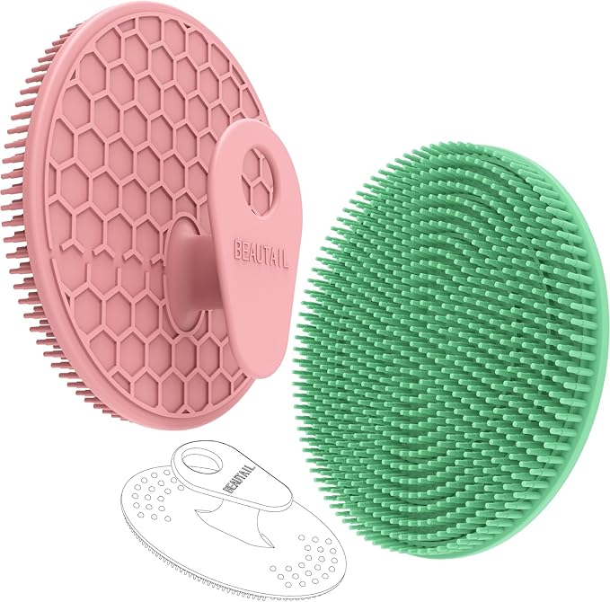 Silicone Body and Face Scrubber Set 3 Pack, BEAUTAIL Shower Bath Scrubber, Gentle Exfoliating Brush for Women Men Baby Sensitive Skin, More Hygienic Than Traditional Loofah, Long Lasting, Pink+Green