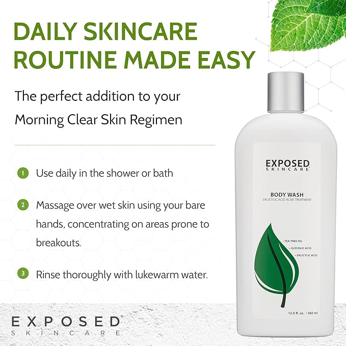Exposed Skin Care, Body Acne Wash with Salicylic Acid, Glycolic Acid and Tea Tree Oil – Tri-Powered Gentle Exfoliating Cleanser for Back, Chest and Body Acne – Natural, Non-toxic and Cruelty Free