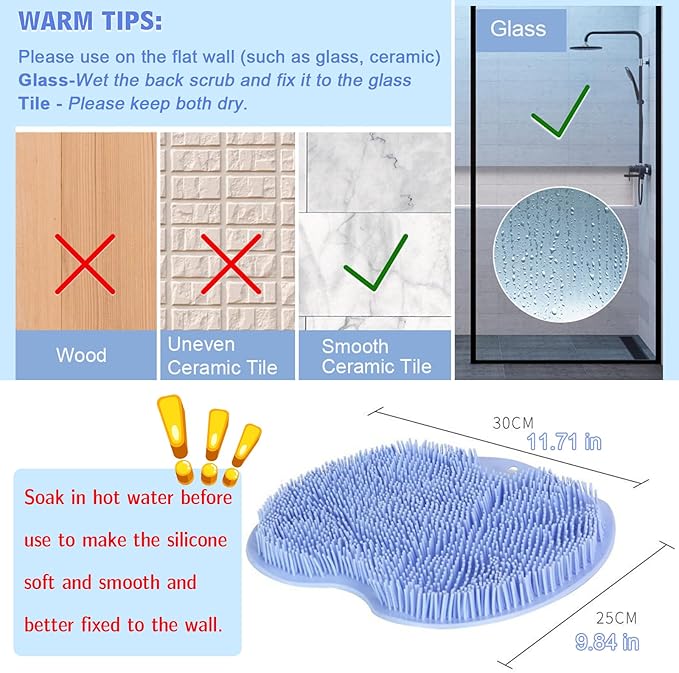 1 Pcs Shower Back & Foot Scrubber, Wall Mounted Back Scrubber Silicone Bath Massage Cushion Brush with Suction Cups, Bathroom Wash Mat Exfoliating Dead Skin Brush (L-Grey)