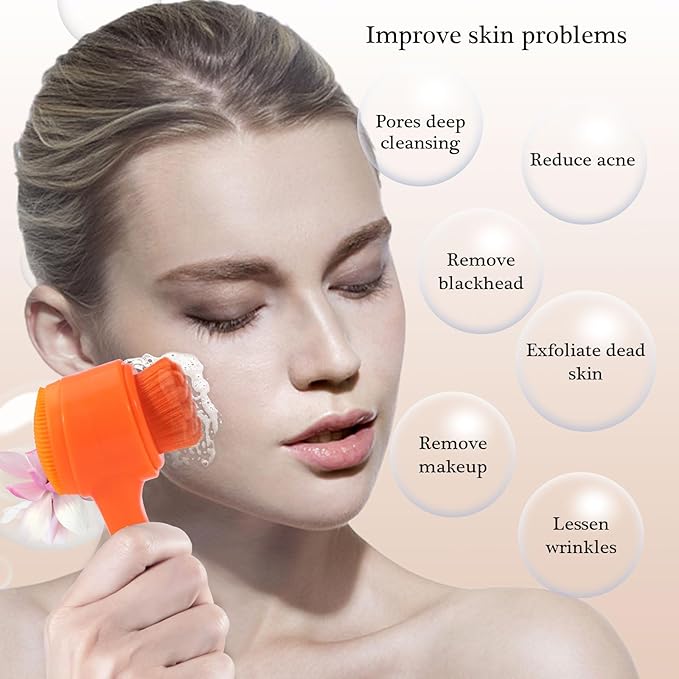 Face Brush 2 in 1, Silicone Facial Cleansing Exfoliating Brush Soft Bristles Pore Deep Cleansing Manual Dual Face Wash Scrub Brush for Massaging, Makeup Skincare Removal, Fluorescent Orange