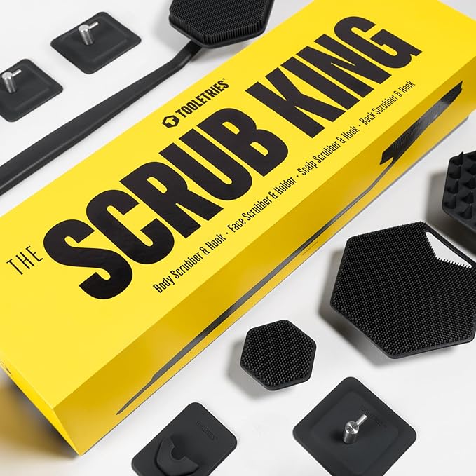 TOOLETRIES The Scrub King - Men's Silicone Body and Face Scrubber Set - Back Scrubber for Shower, Body Scrubbers, Storage Hooks, & Face Brush Holder - Shower Accessories for Men - Charcoal