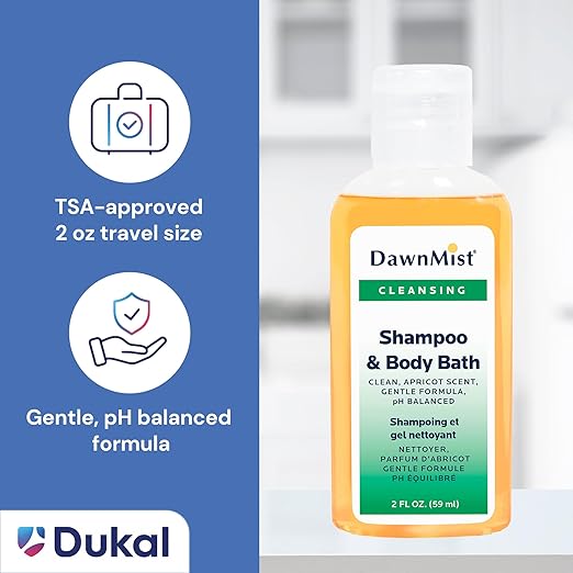Dukal DawnMist Shampoo & Body Bath, 2 oz Bottles with Dispensing Cap – Pack of 144 – Gentle All-in-One Cleanser for Hair & Skin