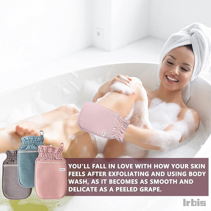 Irbis Deep Exfoliating Glove-Korean Body Scrub Mitt,Exfoliator Scrubber, Dead Skin Remover, Dual Texture Bath Sponge&Washcloth-Great for Shower, Bath, Spray Tan Removal or Home Spa-(Pink,Grey,Blue)