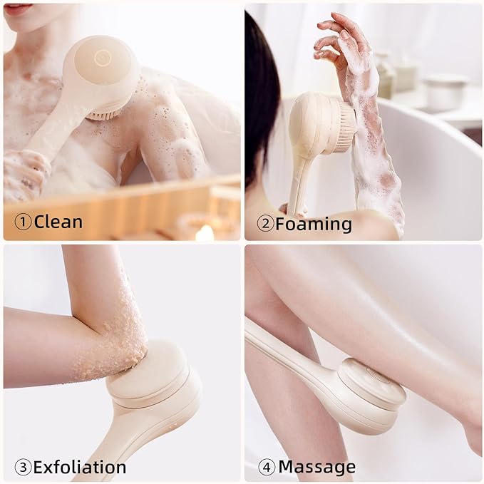 Electric Body Brush Back Scrubber for Shower, Waterproof Long Dual Handle Power Body Scrubber with 3 Heads, Rechargeable Bath Brush & 2 Speeds, for Cleansing, Exfoliating and Massaging Skin