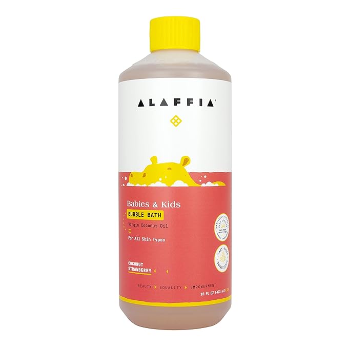 Alaffia Babies and Kids Bubble Bath, Gentle Bath Essentials for Delicate Skin, Plant-Based Formula That is Paraben & Sulfate-Free, Vegan, Calming with Long-Lasting Bubbles, Coconut Strawberry 16 Fl Oz