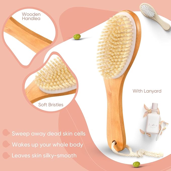 Gerrii 2 Pcs Dry Brushing Body Brush Natural Boar Bristle with Contoured Wooden Handle for Back Legs Feet Exfoliates Dead Skin