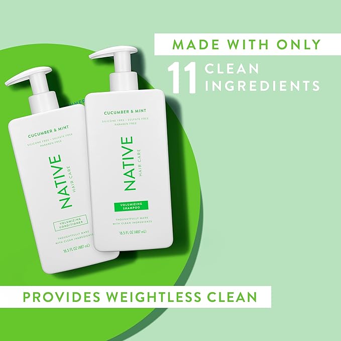 Native Shampoo and Conditioner Contain Naturally Derived Ingredients | All Hair Type Color & Treated From Fine to Dry Damaged, Sulfate & Dye Free - Cucumber & Mint, 16.5 fl oz each (2 pack)