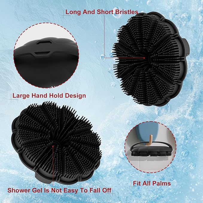 Silicone Body Scrubber Shower Brush, Exfoliating Body Wash Scrubbers for All Skin Types, Ergonomic No-Slip Handle, Body Brush for Showering (Black)