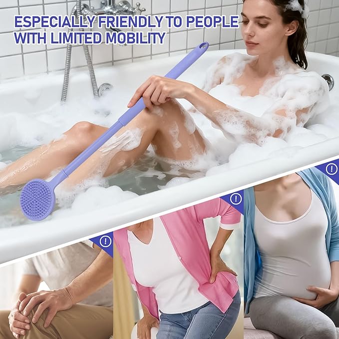 Back Scrubber for Shower, (16-24 Inch) Extendable Bath Brush Long Handle for Shower, Silicone Body Scrubber with Handle, Back Brush for Shower Men and Women,Easy to Clean (Purple)