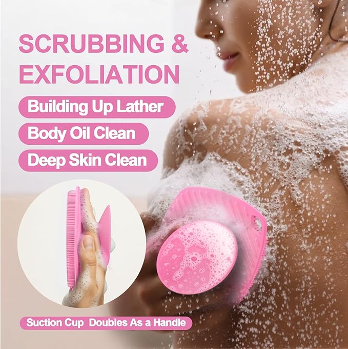 Silicone Body Scrubber with Suction Cup, Gentle Texture Exfoliating Body Scrubber for Men and Women On Sensitive Skin, Build Up Lather, Deep Skin Clean (Body+ Face Scrubber Pink)