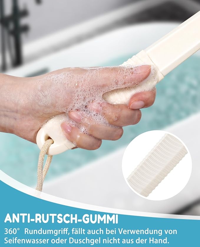 Back Scrubber for Shower with 17" Long Handle, Non-Slip Grip Shower Brush, Moderate Bristles Body Brush for Gentle Exfoliation, Back Brush for Shower Men & Women – Cream White