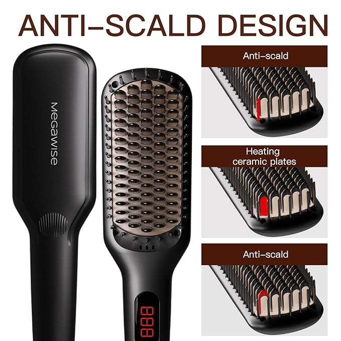 MEGAWISE Pro Ceramic Ionic Hair Straightener Brush for Home Salon | MCH Fast 20s Heating Tech with Auto-Off Safety | Anti-Scald with Universal Dual Voltage | Rotatable Power Cord