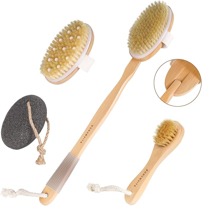Dry Brushing Body Brush Set- Wooden Long Handle Body Brush Set with Pumice Stone & Face Brush, Boar Bristle Body Bath Scrubber Brush for Lymphatic Drainage & Cellulite, Detachable