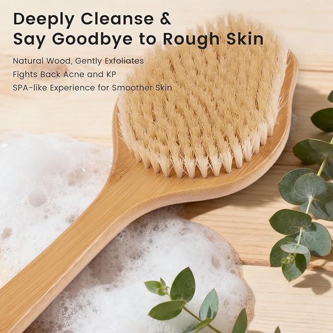 Bamboo Back Scrubber for Shower with Curved Long Handle - Stiff Natural Boar Bristles for Men and Women, Deep Cleansing and Exfoliating, Anti-Slip Grip for Wet or Dry Brushing