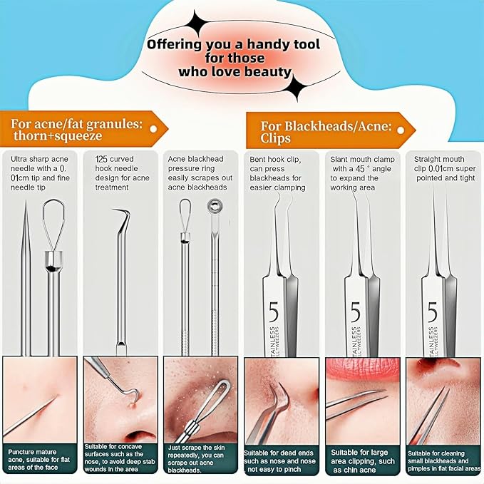 8-Piece Blackhead Remover Tool Kit - Professional Pimple Popper Extractor Set for Acne, Comedones, Whiteheads & Blemishes - Stainless Steel with Metal Case