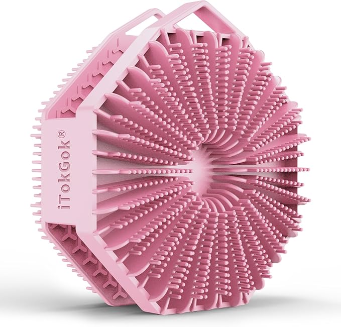 iTokGoK® Premium Silver-Infused Double-Sided Design 2-in-1 Silicone Body Scrubber for Women,Body Buffer Scrubber for Sensitive Skin, Ergonomic No-Slip Handle, Long-Lasting & Easy to Clean - Pink