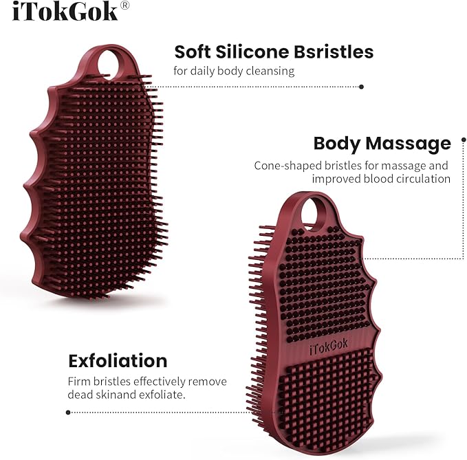 Silicone Body Scrubber Silver-Infused Dual-Sided 3-in-1 for Shower, Body Cleaning+Massage+Exfoliator Body Brush Buffer for Men and Women, Silicone Loofah, Non-Slip Handle (Burgundy)