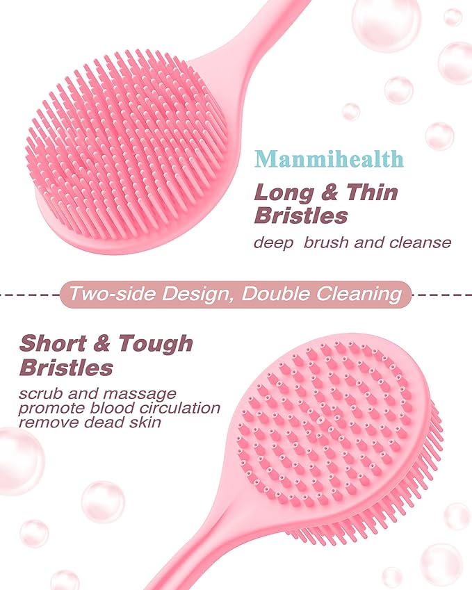 Manmihealth Silicone Back Scrubber(Thin Bristles) & Soft Bath Brushes Set, Super-Cleaning Body Scrubber & Super-Lathering Soft Bath Glove Combination, with a Free Hook.(Pink)
