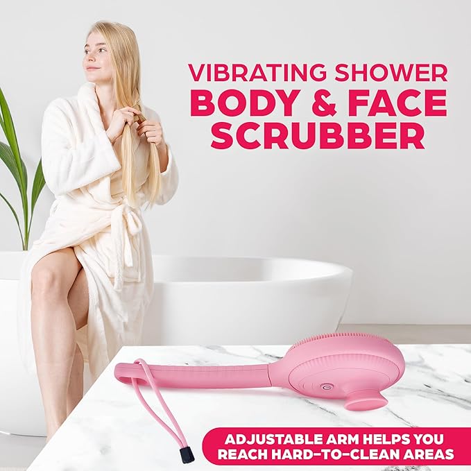 Bella Ciao Electric Back Scrubber for Shower & Face – Vibrating Silicone Body Brush, Exfoliating Loofah Cleaner with Extendable Handle, USB-C Rechargeable, IPX7 Waterproof Women's Bath Massager
