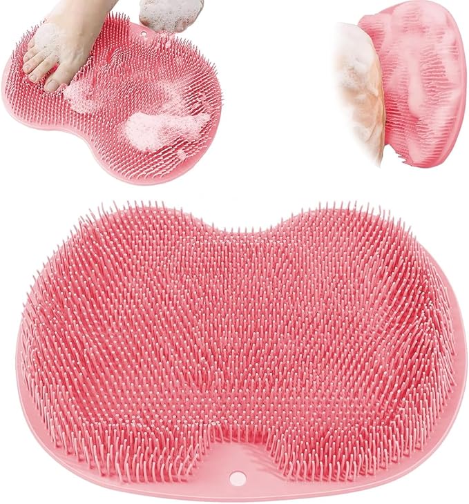 Shower Foot & Back Scrubber, Massage Pad with Suction Cups & Pumice Stone, Multi-Surface Silicone Bath Mat for Exfoliating and Massaging in Shower or Bathtub, 9.8x11.8 Inch (Pink)