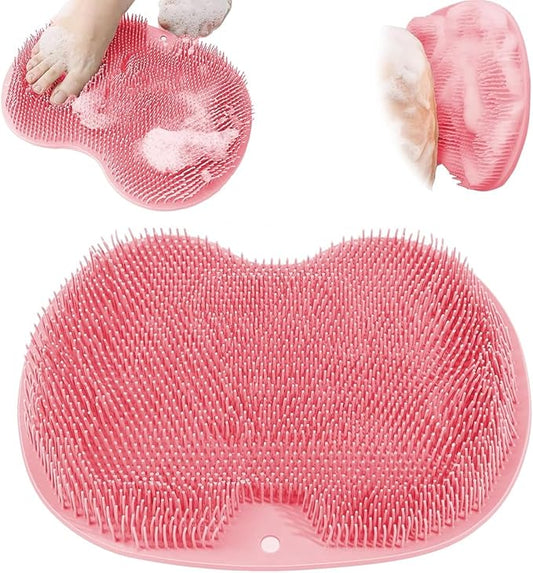 Shower Foot & Back Scrubber, Massage Pad with Suction Cups & Pumice Stone, Multi-Surface Silicone Bath Mat for Exfoliating and Massaging in Shower or Bathtub, 9.8x11.8 Inch (Pink)