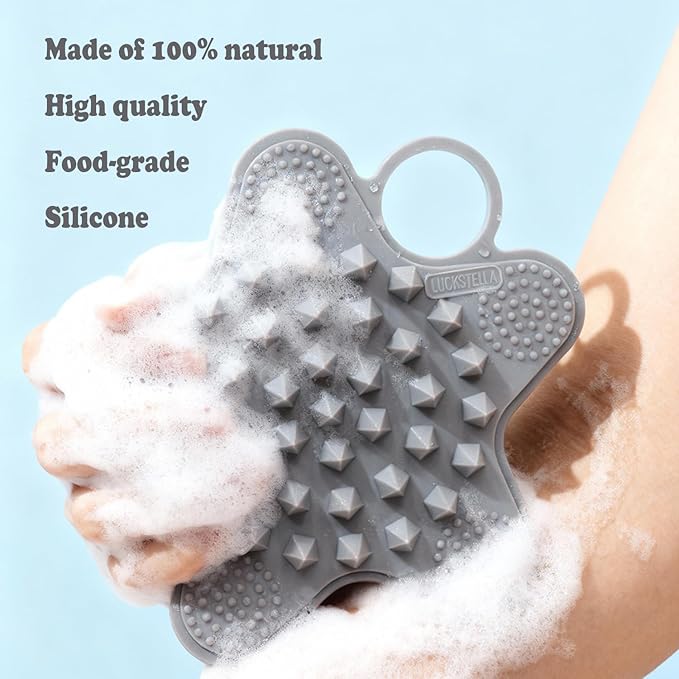 LUCKSTELLA 2 in 1 Silicone Body Scrubber, Food-Grade Silicone Body Brush for Shower, Gentle Exfoliating and Lather Well, Gentle Scrubber for Sensitive Skin, Easy-to-Clean(Grey,1-Pack)