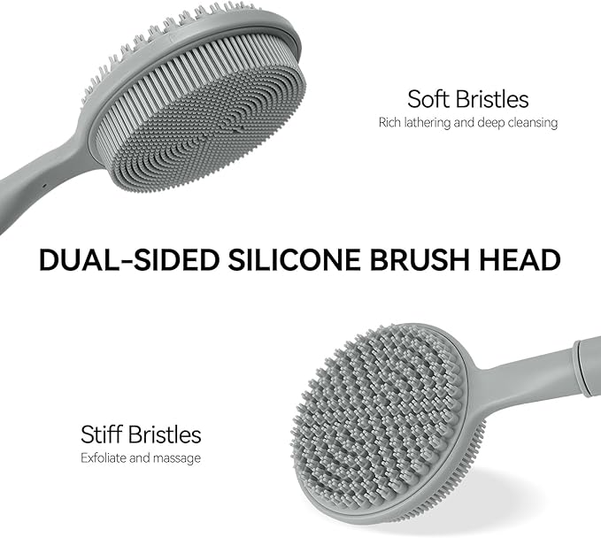 Back Scrubber for Shower, (16-24 Inch) Extendable Bath Brush Long Handle for Shower, Silicone Body Scrubber with Handle, Back Brush for Shower Men and Women,Easy to Clean (Gray)