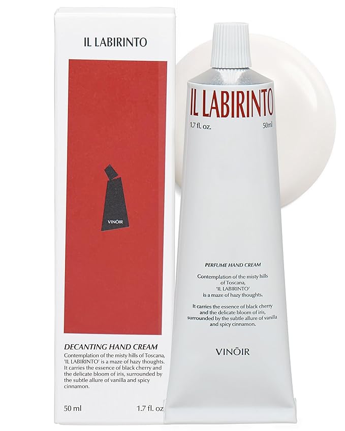 VINOIR Decanting Hand Cream IL LABIRINTO - Long Lasting Perfumed Hand Moisturizer for Rough Skin - Soft & Smooth Hands - Black Cherry, Iris and Cinnamon Scent, 1.7oz.