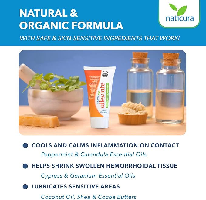 Alleviate Hemorrhoid Treatment Ointment - 100% Natural Fast Acting Cream to Relieve Discomfort - Calms and Soothes Burning, Itching, Bleeding Fissures and Swelling - Made in USA