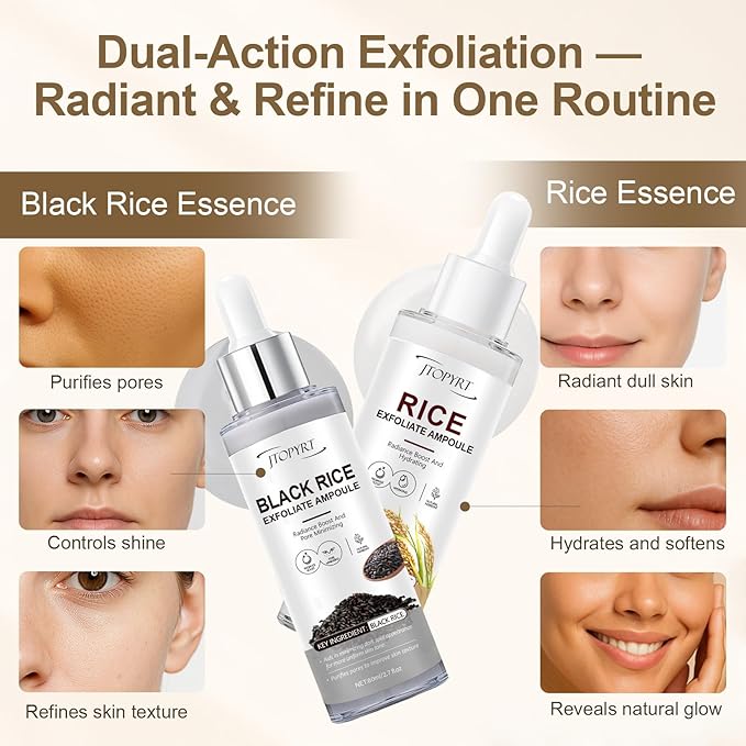 Glow White & Black Rice Exfoliate Ampoule - Peeling Shot Exfoliating Gel with Rice Extract - Gently Removes Dead Skin & Blackheads - for Morning & Night Facial Care for All Skin Types - 2 x 2.7 fl oz