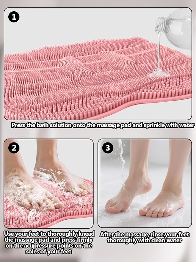 Kalolary Silicone Shower Foot Scrubber Mat, Large Foot Scrubber in Shower with Non Slip Suction Cups Foot Cleaner Brush to Clean Exfoliate and Massage Feet Without Bending Over Easy to Clean (Pink)