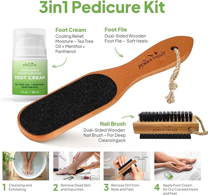 Foot Care Callus Remover Set 3 Pcs - Pumice Stone - Feet File Scrubber - Foot Cream Lotion for Dry Cracked Feet and Heels, Panthenol, Tea Tree Oil, Menthol 1.7 Oz