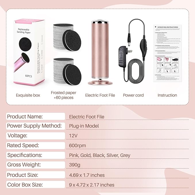 Electric Foot File Remover Callus: Profesional Pedicure Tool for Callus Remover - Adjustable Speed Feet File Grinder with 60 Pcs Replacement Sandpaper Disk for Skin and Calluses(Gold)