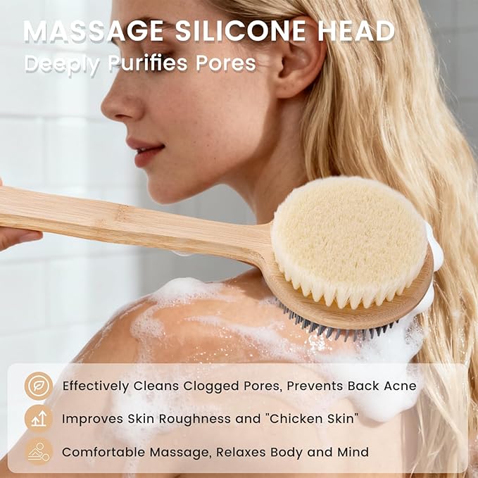 Back Scrubber for Shower - Double-Sided Silicone and Super-Dense Bristles for Deep Cleaning & Exfoliation, Bamboo Long Handle with Wider Anti-Slip Grip, Body Exfoliator for Wet or Dry Brushing