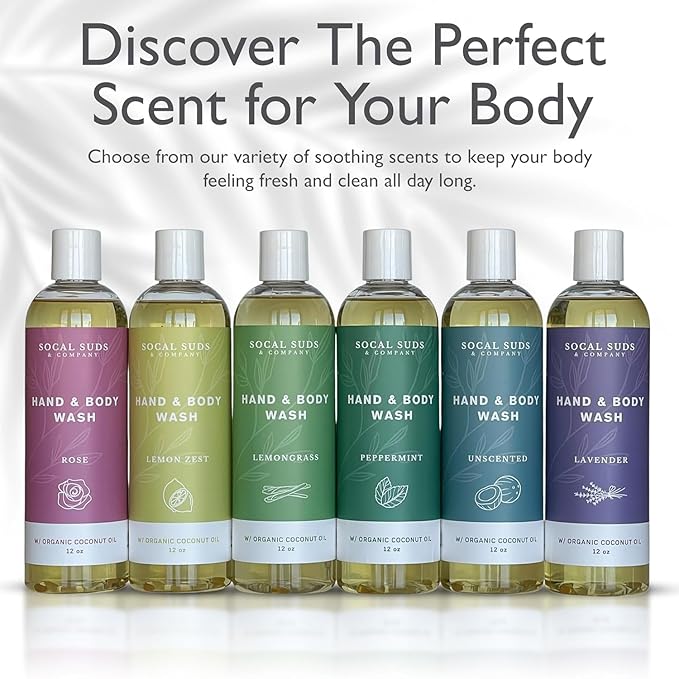 SoCal Suds & Company - 12oz Organic Soap Liquid, Gentle Hand & Body Wash, Organic Body Wash for Men and Women, Made w/Organic Oils & Coconut Oil, Bath Essentials for All Skin Types - 2pk Lemon Zest