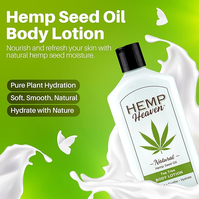 Hemp Heaven Hemp Lotion -Lotion Tea Tree Scent - Natural Hemp Seed Oil, Paraben-Free, 12 oz, Made in USA, Nourishing for Men & Women, EWG Verified, Anti-Aging