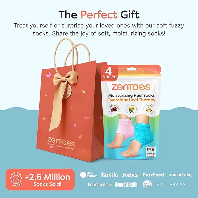 ZenToes Moisturizing Socks for Cracked Heel Treatment, Vitamin E, Olive Oil and Jojoba Oil Heel Socks, Stocking Stuffers for Women, Spa Self Care Gifts for Women (Fuzzy Blue and Pink, Regular)