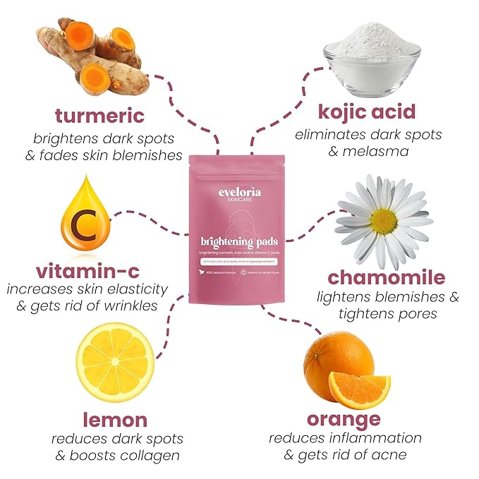Eveloria™ Brightening Turmeric & Kojic Acid 30 Face Pads – Gentle Exfoliating & Cleansing Pads for Dark Spots, Uneven Tone & Dull Skin – Natural Glow with Turmeric, Kojic Acid & Vitamin C