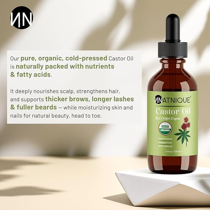 Natnique Castor Oil 4oz – USDA Certified Organic, 100% Pure Cold Pressed Unrefined Oil for Hair Growth, Eyelashes, Eyebrows & Scalp – Natural Skin Moisturizer, Lash Serum & Hair Treatment