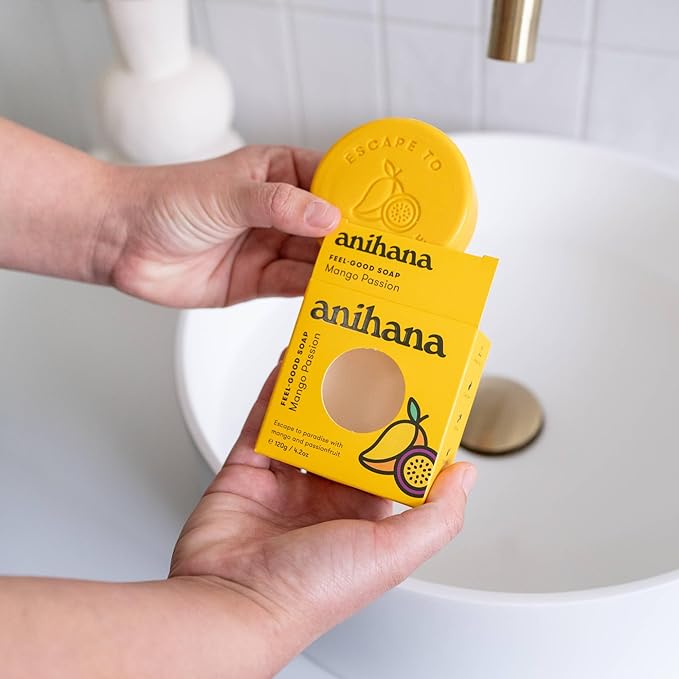 ANIHANA Feel-Good Soap 3 Pack with Coconut Oil and Shea Butter, Gentle Cleansing, Paraben Free, Cruelty Free, Refreshing Mango Passion Scent, 4.2 oz each