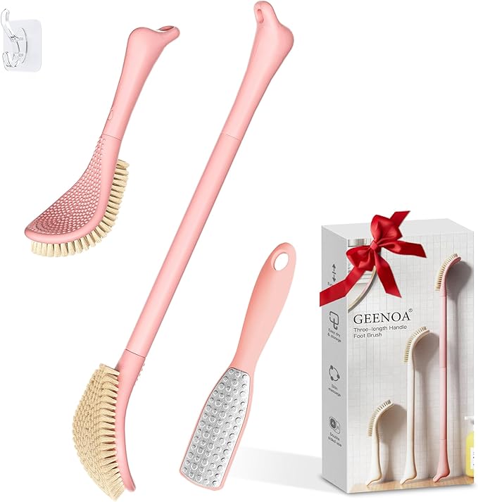 New Foot Brush & Foot File Set(2PCS), 3-in-1 Foot Scrubber in Shower, 10.2’’-27.5’’Adjustable Long Handle Foot Scrub Brush and Upgrade Foot File Callus Remover, Gift-Box Packed(Pink Set)