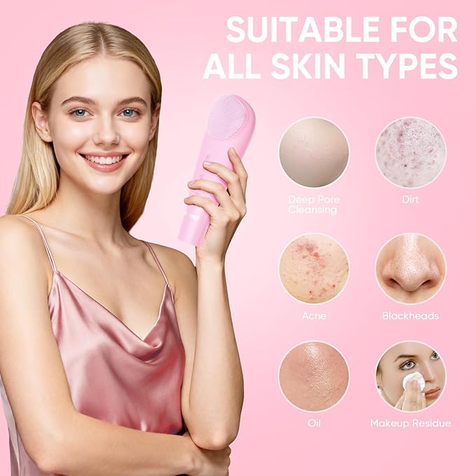 Silicone Face Scrubber Blackhead Scraper Rechargeable 2-in-1 Facial Cleansing Brush & Skin Spatula Duo, IPX7 Waterproof Exfoliating Massager Deep Cleansing for Women and Men（Light Pink）