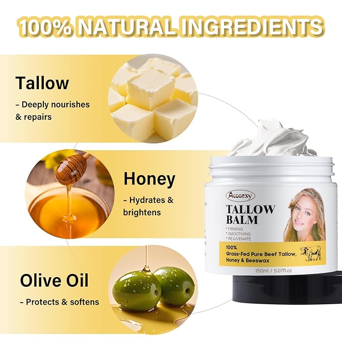 New Beef Tallow for Face,Handmade Whipped Tallow Balm with Shea Butter,Grass Fed Beef Tallow for Skin,Organic Beef Tallow Face Moisturizer,Tallow and Honey Balm for Dry & Sensitive Skin 5.07 Oz