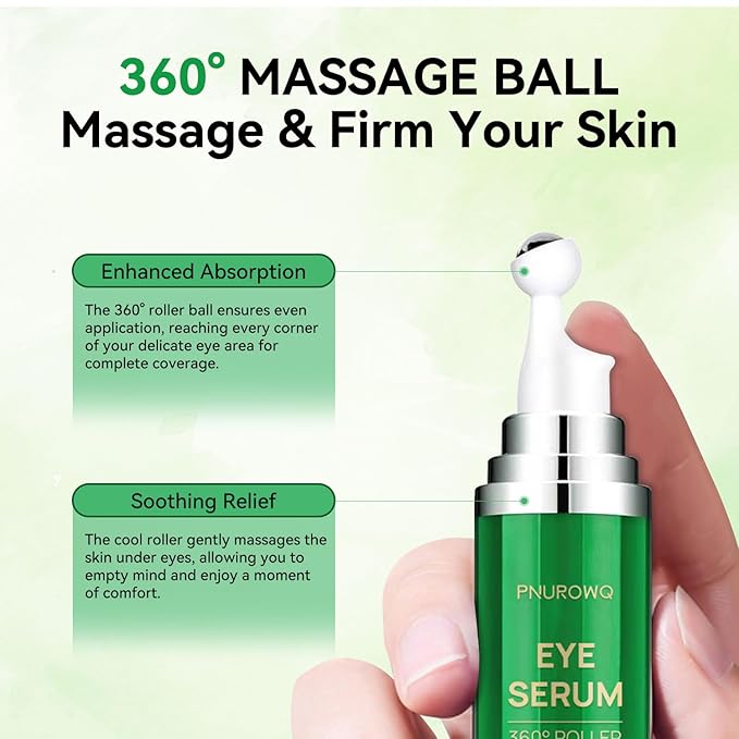 Eye Serum with 5% Caffeine & 5% Retinol for Dark Circles, Puffiness Puffy Bags & Wrinkles Fine Lines - Under Eye Roller Cream Anti Aging Treatment with 360° Massage Ball for Men and Women