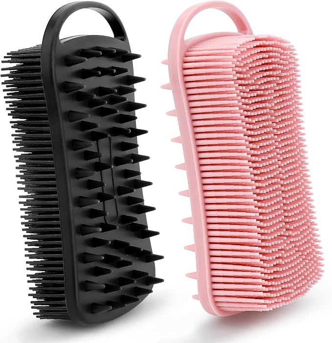 Silicone Body Scrubber, 2 in 1 Soft Silicone Loofah 2 Pack Exfoliating Body Scrubber Loofah for Women Men, Body Scrubber Shower Bath Shampoo Brush with Loop for Sensitive Skin Lather Well, Black &Pink